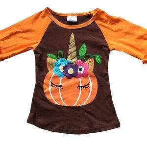 Little Girls Kids Unicorn Halloween Pumpkin Raglan Ruffle Shirt Top Tee School